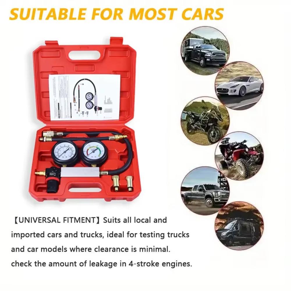 Car Cylinder Leak Down Tester TU-21 Gasoline Engine Compression Tester Dual Gauge Leakage Detector Kit with Red Case