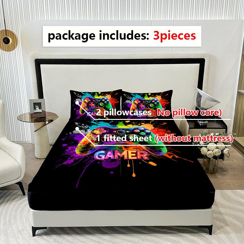 3PC Oil Color Game Console Bed Sheet, 1 fitted Sheet+2 Pillowcases, Digital Printing Technology, Comfortable and Soft Fabric