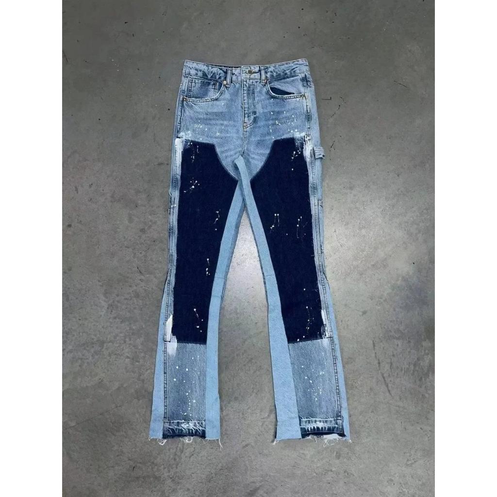 Men's Punk High Street Raw-Edge Skinny Jeans with Micro Trumpet Detail Y2K Low Rise Stretch Floor Length Biker Rock Pants