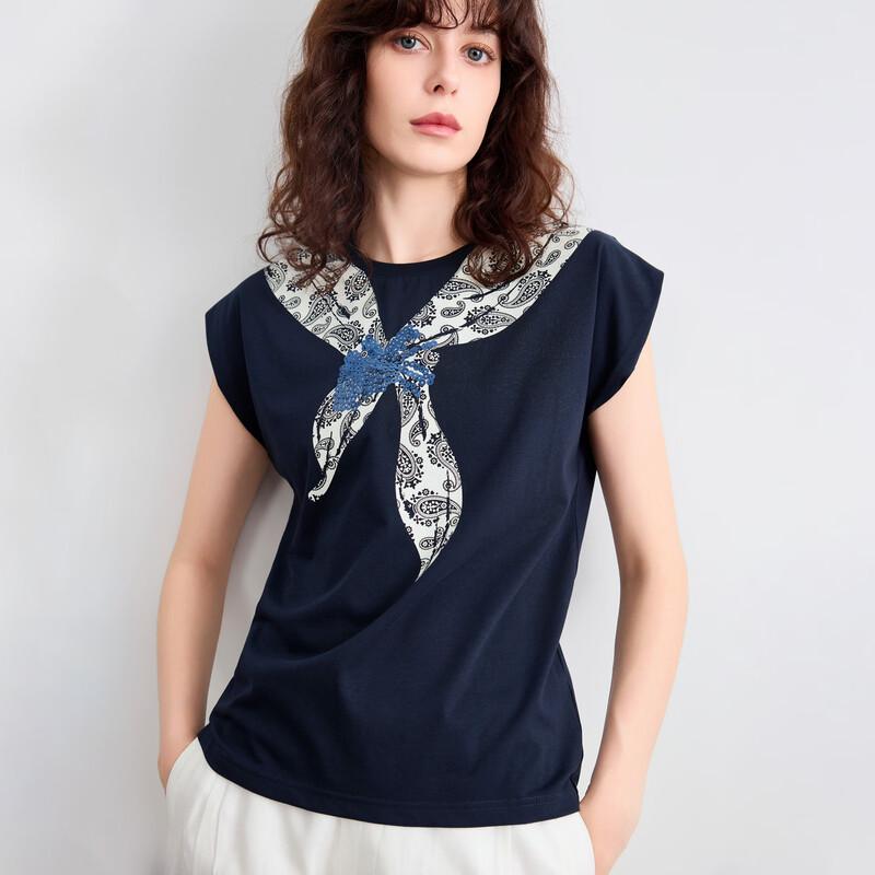 Women s Cooling Retro Print Bow-Knot T-Shirt M темно-синий