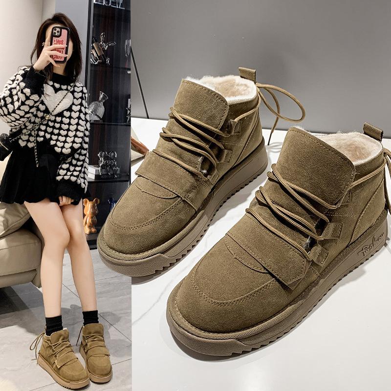

Модные северо-восточные зимние ботинки женские осенне-зимние новые стильные нескользящие толстые подошвы с бархатным утолщением антихолодные теплые хлопковые туфли 40 верблюд
