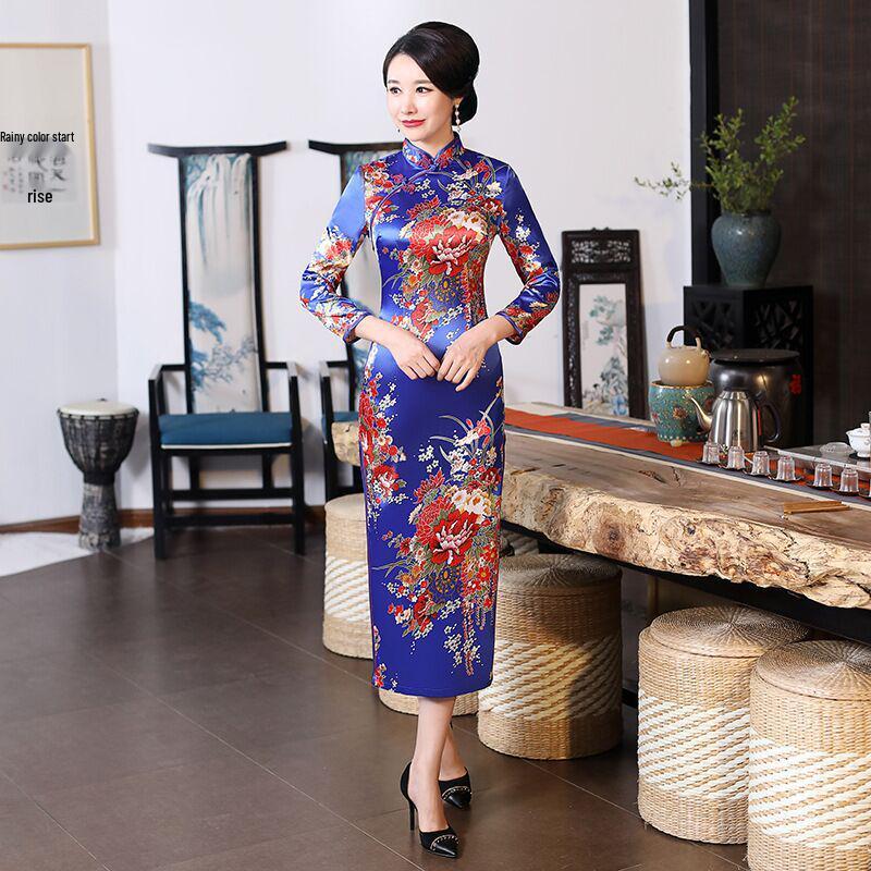 chinese dress ladies Long Sleeve Floral Embroidery Cheongsam Top Chinese Wedding Party Dress Burgundy / 3XL