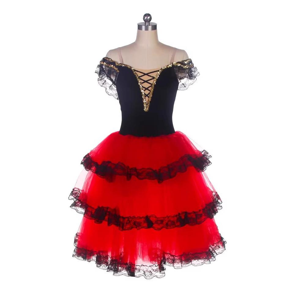 Professional Ballet Romantic Tutu Long Skirt Black Red Spain Dress Girls Children s Performance Ballet Clothes 120