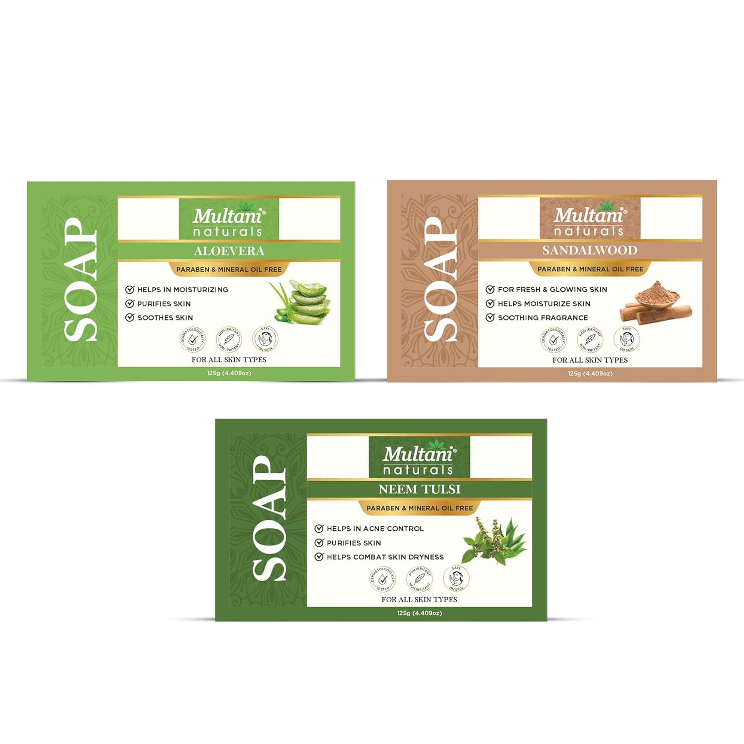 

Multani Naturals Мыло с Нимом, Тулси, Сандалом и Алоэ Вера Упаковка из 3 штук по 125 г Каждое Травяное Мыло для Ванны для Всех Типов Кожи