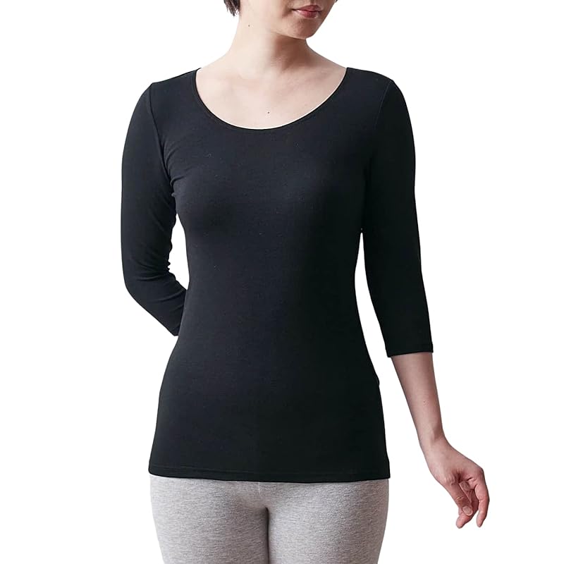 

[Belle Maison] inner shirt ladies 3/4 sleeve cotton blend crew neck Warm innerwear hot cot black M