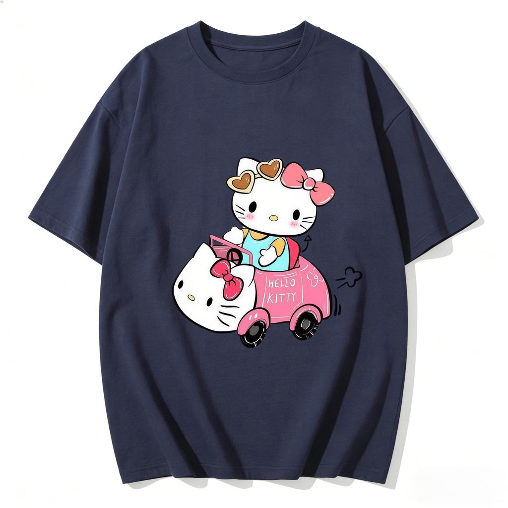 2026 Summer Trendy Cute Hello Kitty Driving Pink Car Graphic Couple Tshirts Streetwear Family Matching Parentchild Clothing