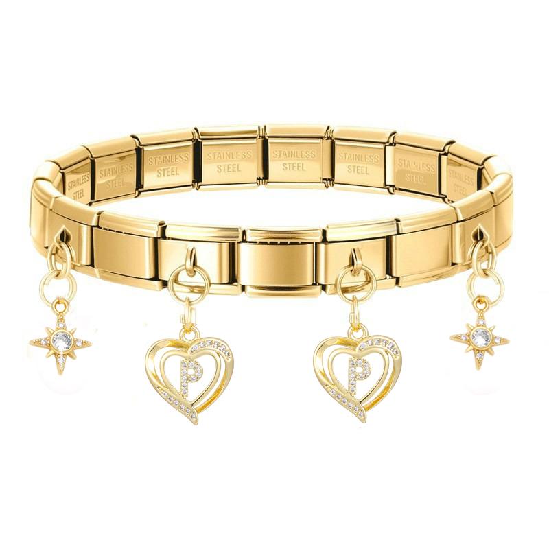 26 Initial Letters A-Z Zirconia Dangle Bracelet Stainless Steel Elastic Bangle for Men Women Birthday Party Name Jewelry