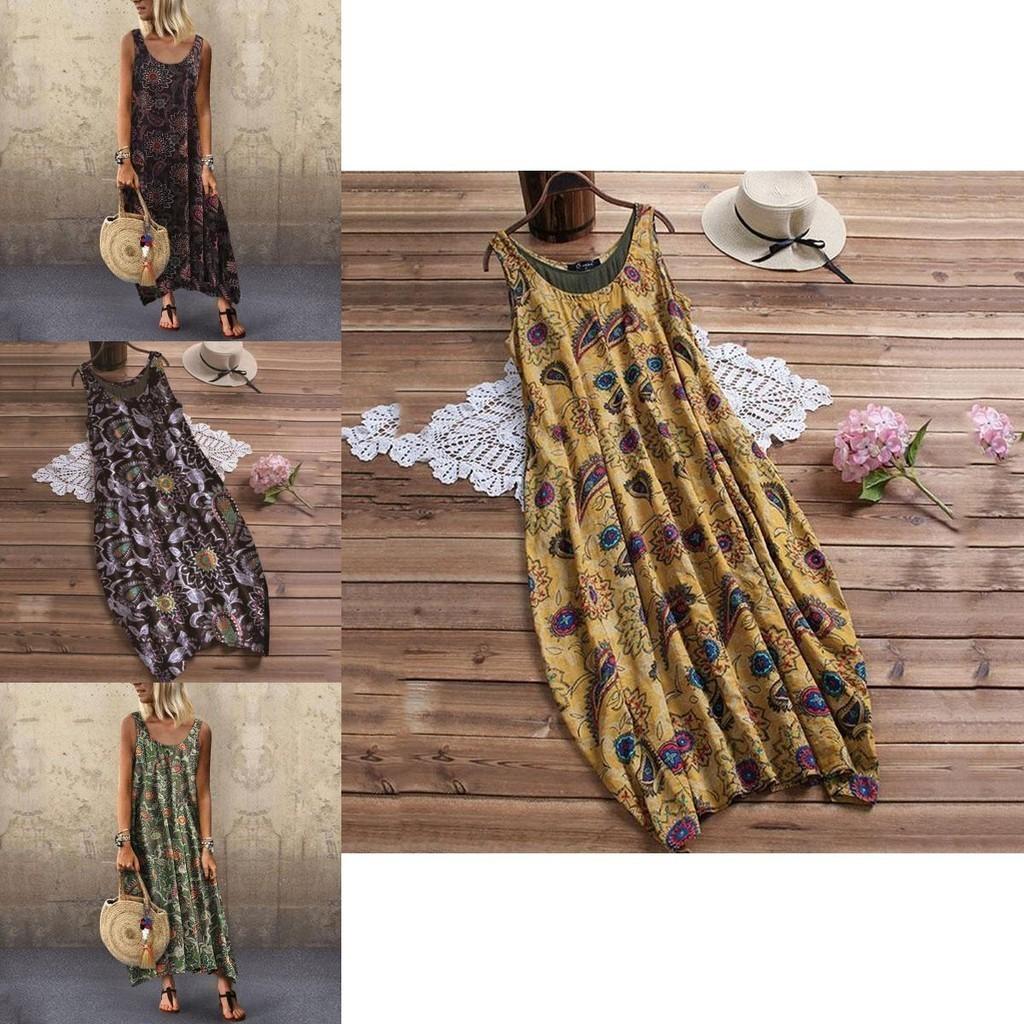 Elegant Womens Summer Sleeveless Holiday Long Boho Kaftan Tank Dress For Beach
