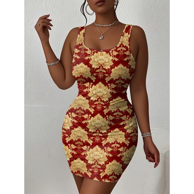 Womens Sleeveless Bodycon Midi Dress With 3D Print Breathable Lightweight Casual Office Wear