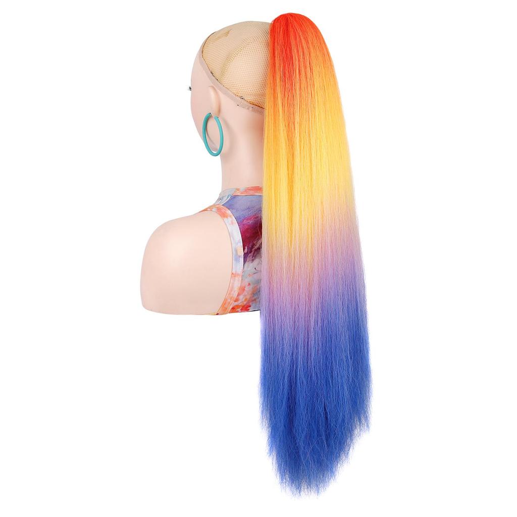 Ponytails Hair Extension Long Yaki Straight Hair Ponytail Rainbow Color Hairpiece Claw Clip on Hair Tail for Ladies