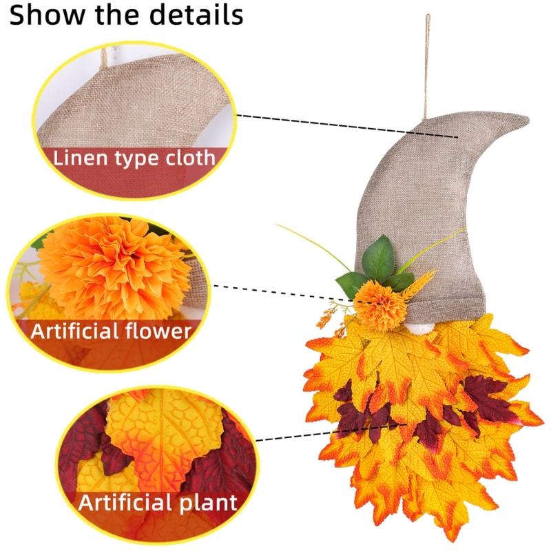 Harvest Gnomes Figure Maple Leaf Flower Fall Wreath Hanging Sign Ornament for Farmhouses Front Door Wall Decoration