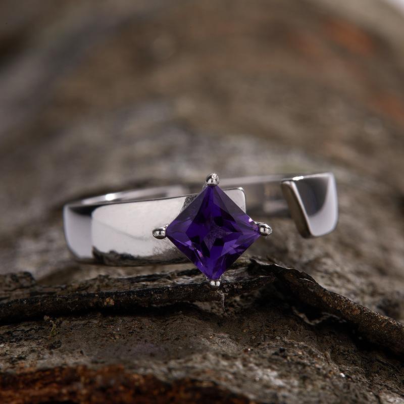 Color Treasure Ring S925 Sterling Silver Inlaid Natural Square Amethyst Niche Design Simple And Stylish Open Ring
