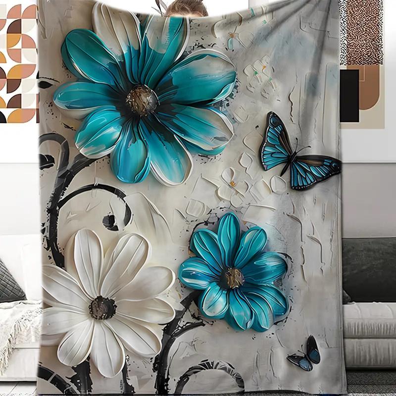 Blue Floral Flannel Blanket, Fashion Print Soft Throw, All Season Multi-Use for Sofa Office, Nap Companion Decor Gift 75x90cm