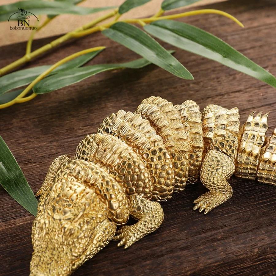 Antique Brass Crocodile Alligator Figurine 3D Articulated Animal Statue with Movable Joints Vintage Home Desk Decor Ornament