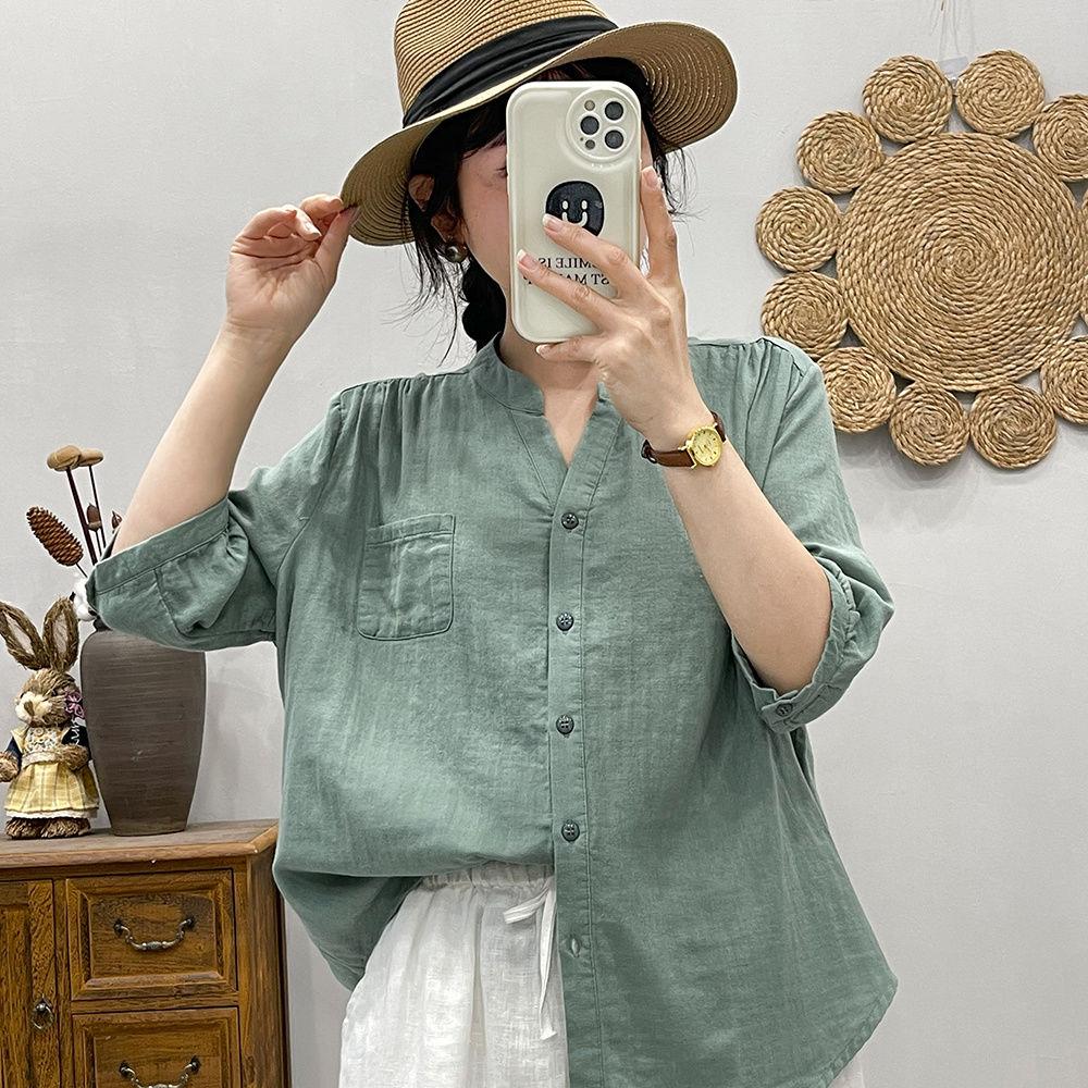 

Ретро маленькая блузка из чистой хлопковой марли с V-образным вырезом, женская, рукав до середины, новая летняя, корейская, свободная, повседневная, простая, топ L зелёный