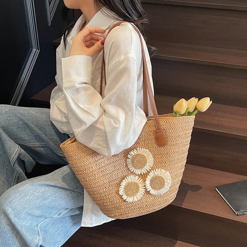 Yogodlns Damen Sommer Stroh Gewebt Große Kapazität Korb Schultertasche Handtaschen Mode Floral Dekor Luxus Designer Strand Bali Shopper Totes