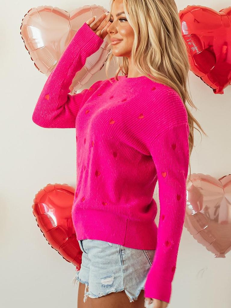 2025 Autumn Heart Print Women's Casual Pullover Sweater - European & American Style, Round Neck, Long Sleeve, Warm Wear