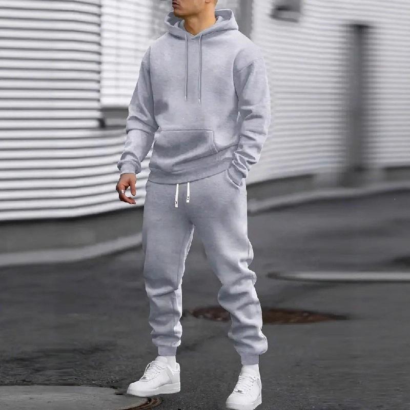 Autumn and winter new men's hooded sweater set solid color sports and leisure set hoodie two-piece set