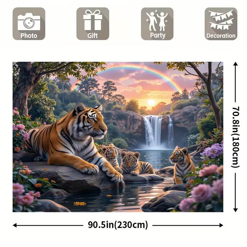 2D Jungle Tiger Tapestry Nature Waterfall Sunset Backdrop Cloth for Living Room Party