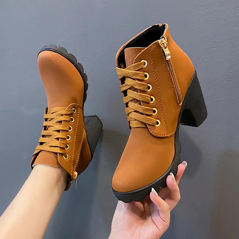 2024 Hot Selling Versatile New Spring and Winter Women's High Heels High Quality Lace Up Women's Shoes Thick Soled Boots