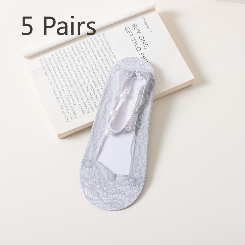 5 Pairs of Women's Summer Thin Lace Lace Lace Pearl Halter Boat Socks