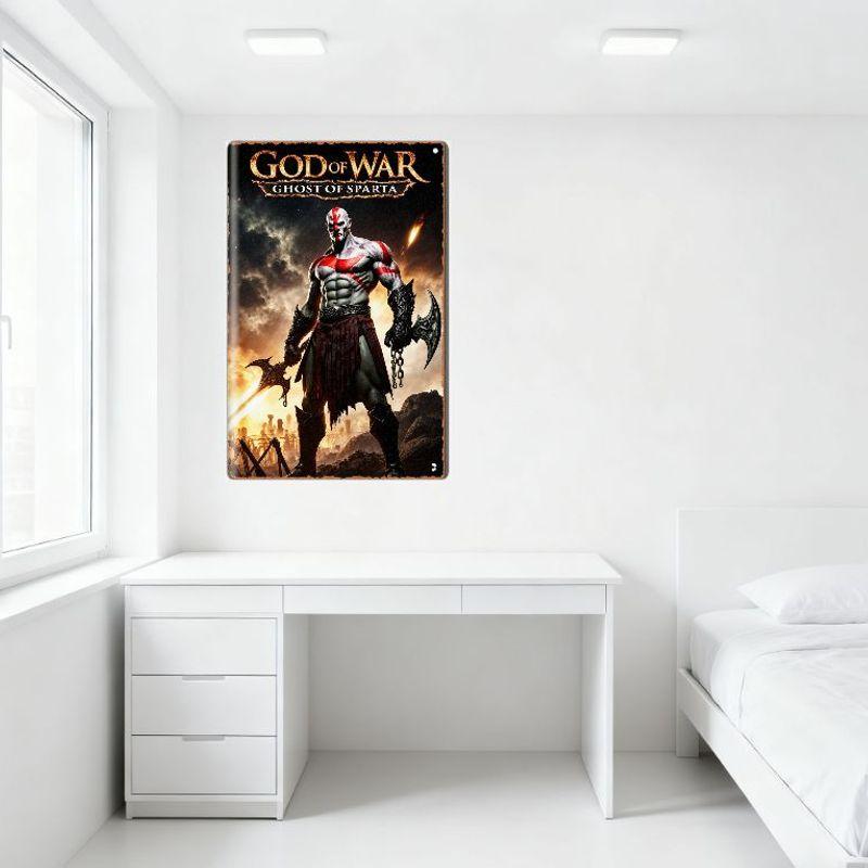 God of War Ghost of Sparta Kratos Metallplåtskylt - Forntida Slagfält Solnedgång Episk Spelkonst för Man Cave Bar Heminredning