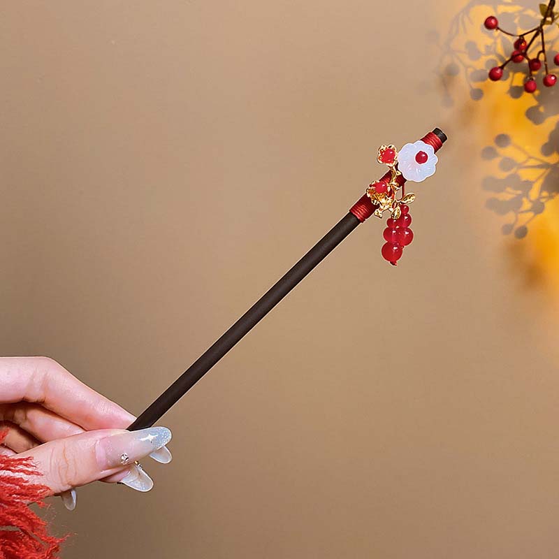 

Ретро червона квітка дерев яна шпилька для волосся для жінок Новий рік Ханфу шпилька китайський стиль вилка для волосся Ханфу аксесуари