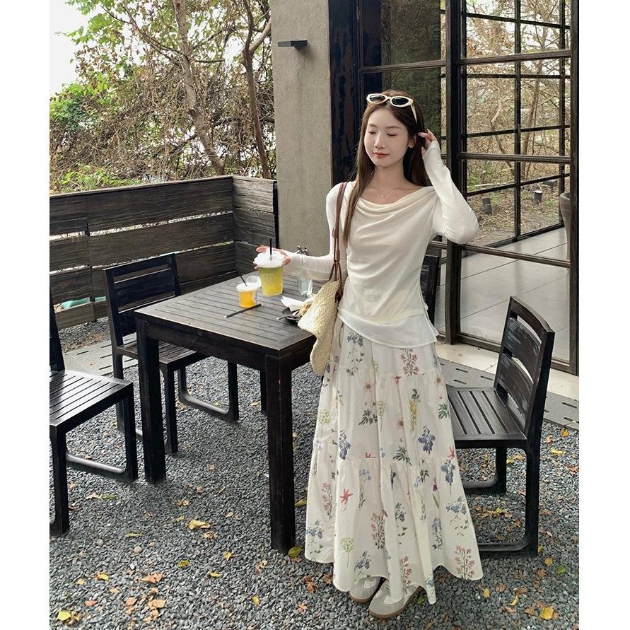 High waist drooping floral skirt women's spring and summer new sweet long a-shaped skirt small long skirt