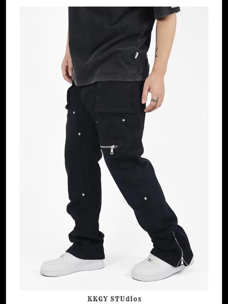 2023 Autumn Men's Loose Fit Solid Color Straight Jeans: Trendy Casual Overalls