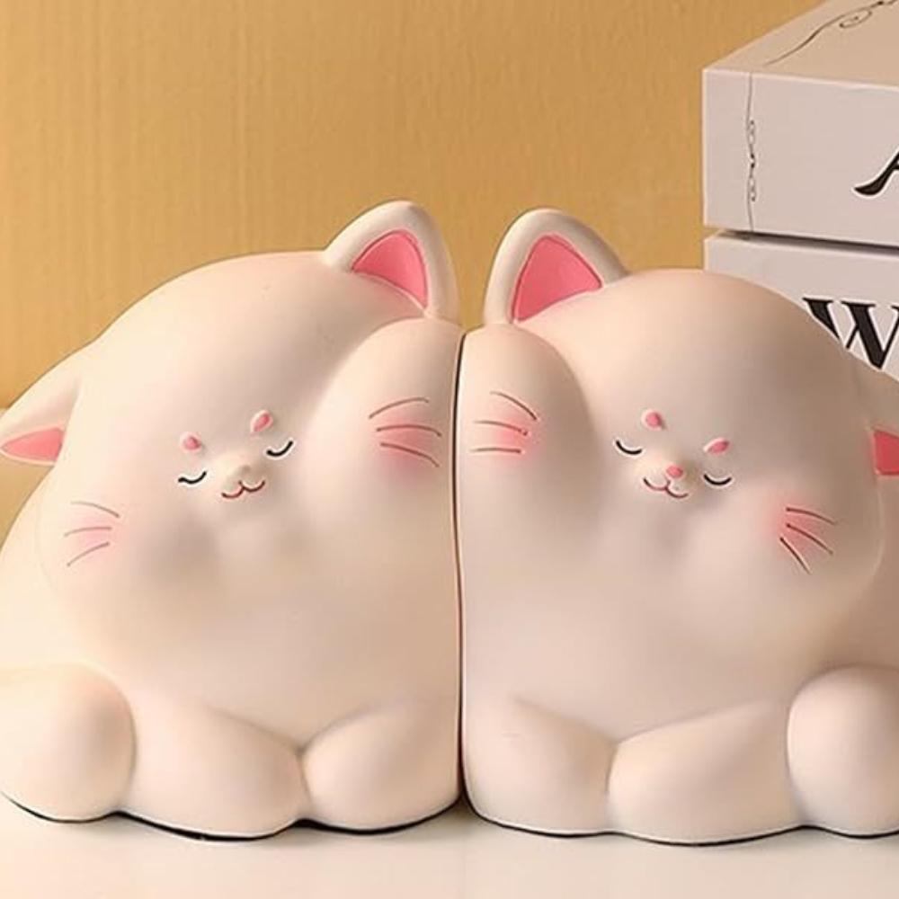 1pair/2pcs of super cute light luxury cream style cat face resin decorative bookends, heavy duty non slip bookends, for book magazine organization,