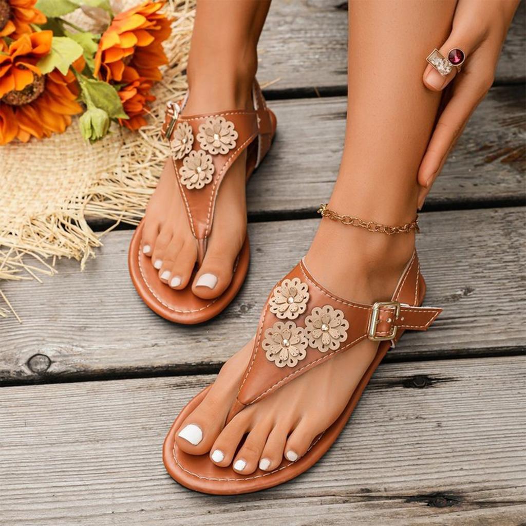 Women's Floral Toe Thong Sandals with Adjustable Back Strap Buckle Flat Sole Casual Summer Footwear