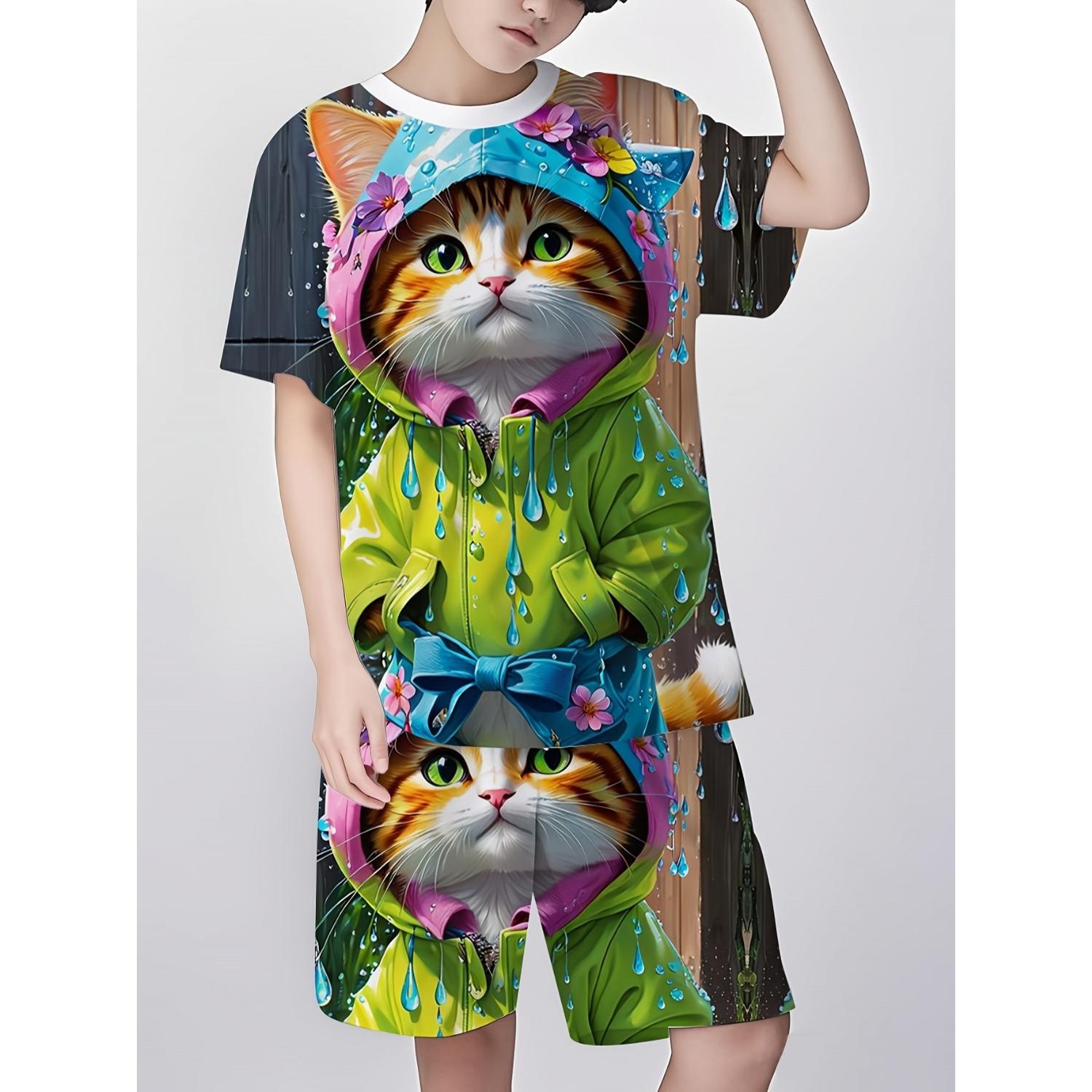 

Fashionable digital printed cat pattern set, casual short sleeved T-shirt and shorts set - suitable for outdoor activities 5-6 Years