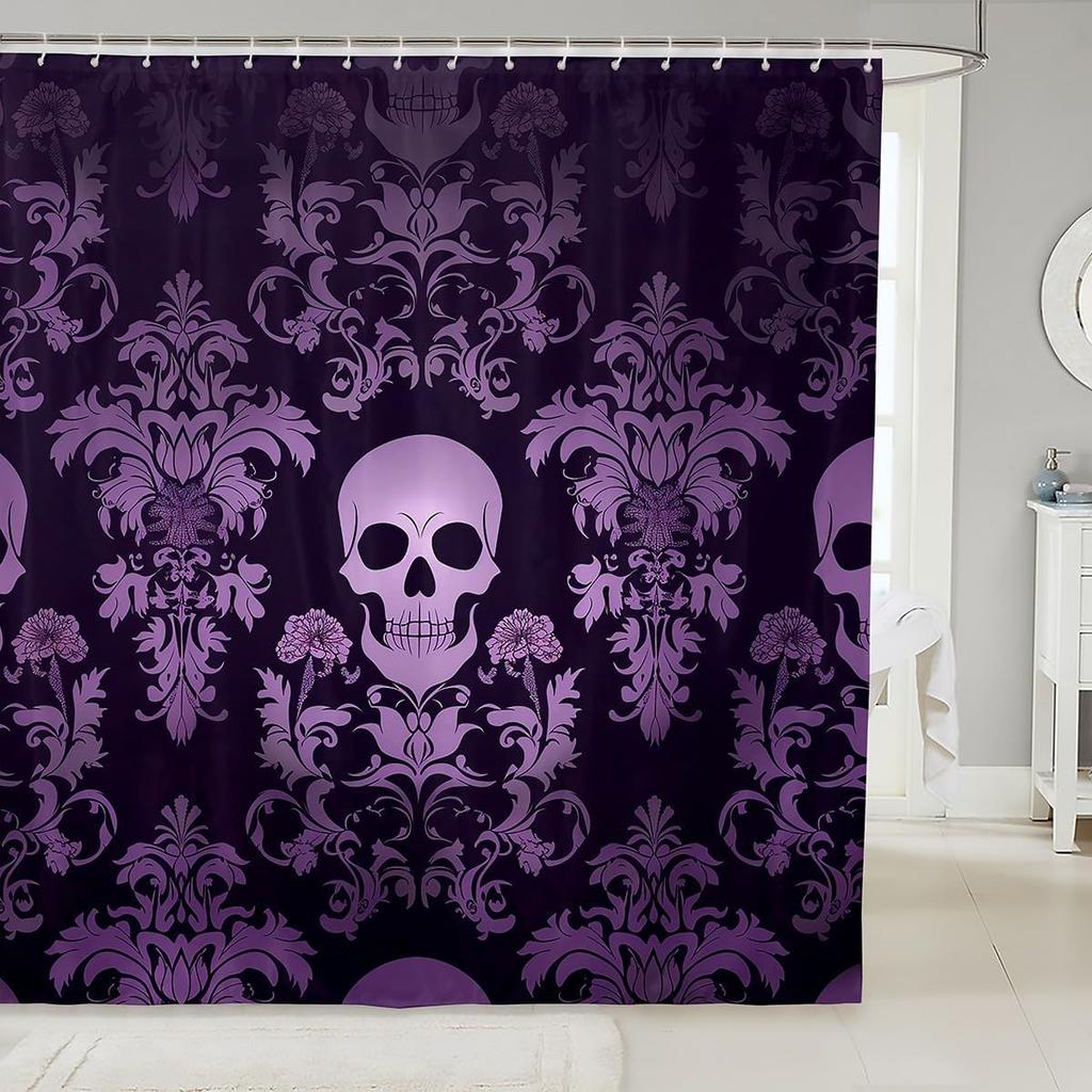 Adults Salmon Violet Damask Shower Curtain Antique Victorian Baroque Bath Curtain 72" Wx84 L,Vintage Floral Exotic Sugar Skull W