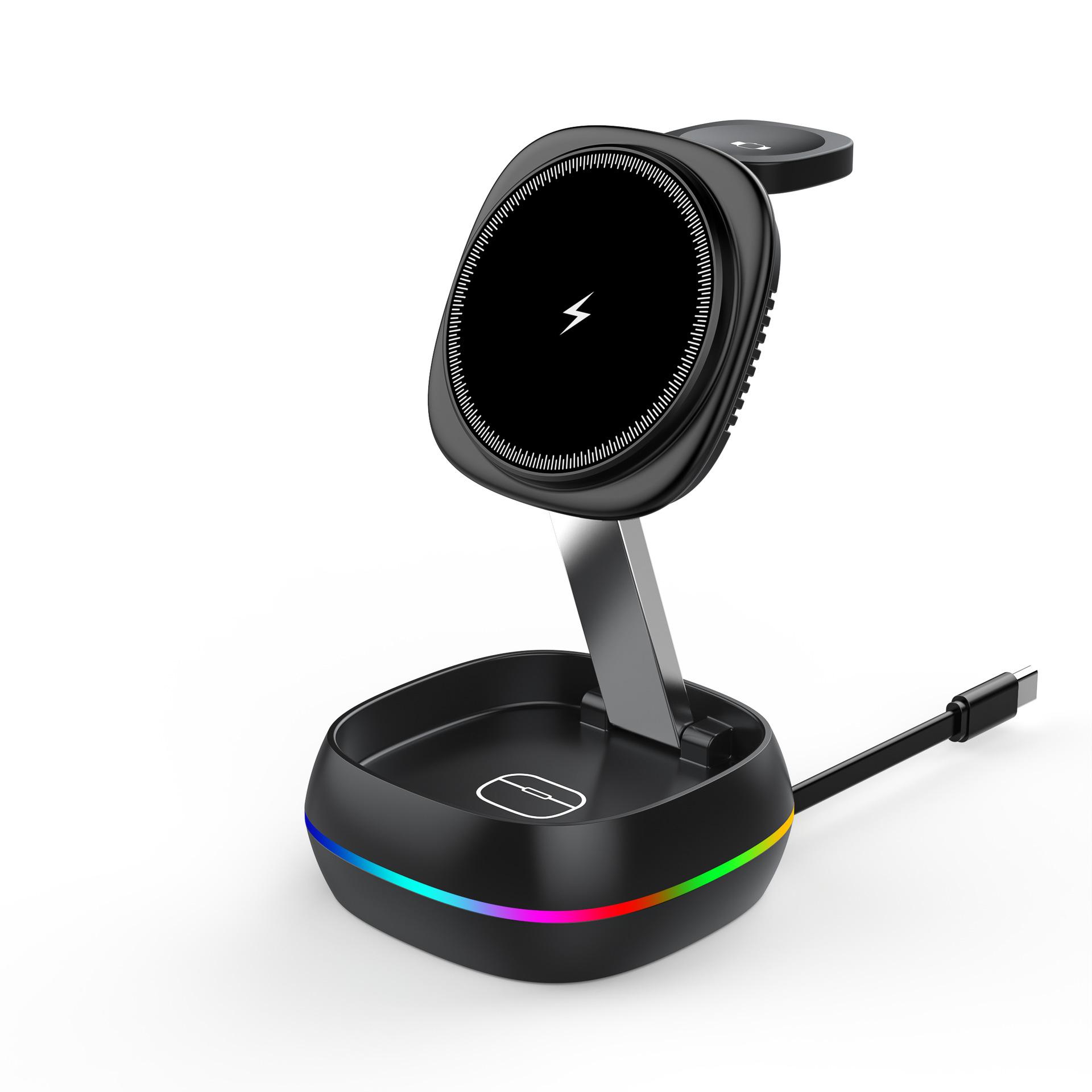 

3 in 1 Magnetic Wireless Charger Retractable USB-C Cable,15W Fast Charging Foldable MagSafe Stand for iPhone Watch AirPods чорний