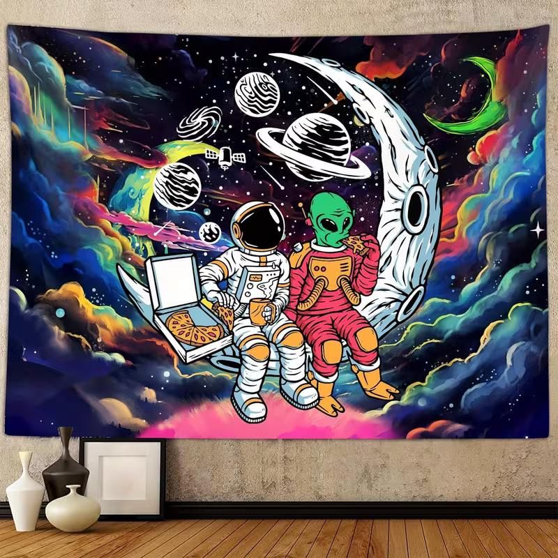 2D Space Party Backdrop Astronaut On Lunar Surface with Planets and Rocket for Birthday