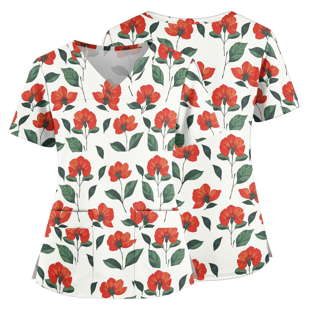 Top Medico a V con Stampa Floreale, Tasche, Spacchi Laterali, Manica Corta, Uniforme da Infermiera per Donna