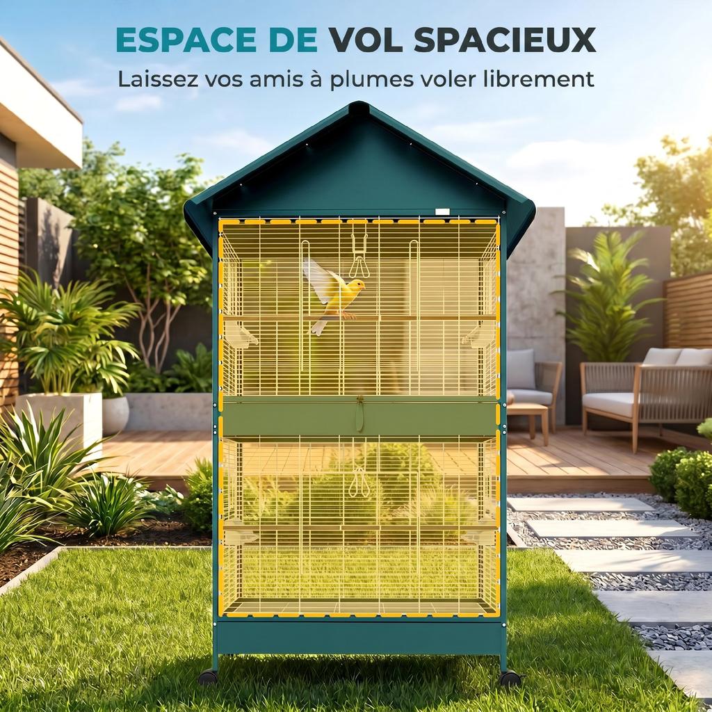 Birdcage on Wheels, Removable Divider, 4 Feeders 2 Perches, 2 Sliding Trays, 94 x 70 x 158 cm