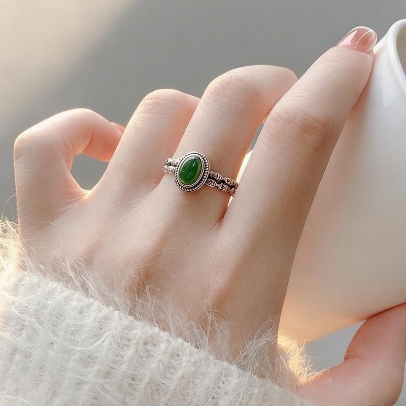 BF CLUB 925 Sterling Silber Ringe für Damen Einfach Geometrisch Handgefertigt Unregelmäßig Retro Grüner Stein Ring Allergie Für Geburtstagsgeschenk
