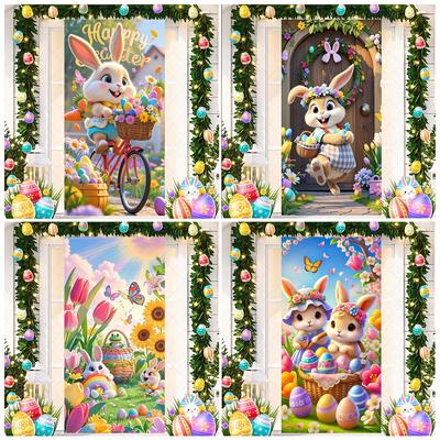 Happy Easter Cute Bunny Door Cover Backdrop Spring Garden Floral Easter Egg Background Easter Party Decoration Photo Shoot Props