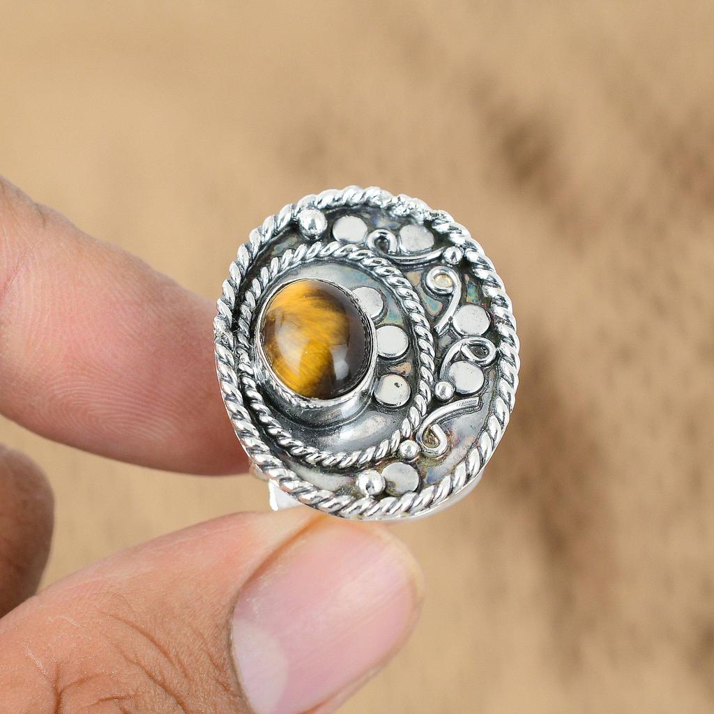 Natural Tiger'S Eye Gemstone Promise Adjustable Ring 925 Sterling Silver Jewelry