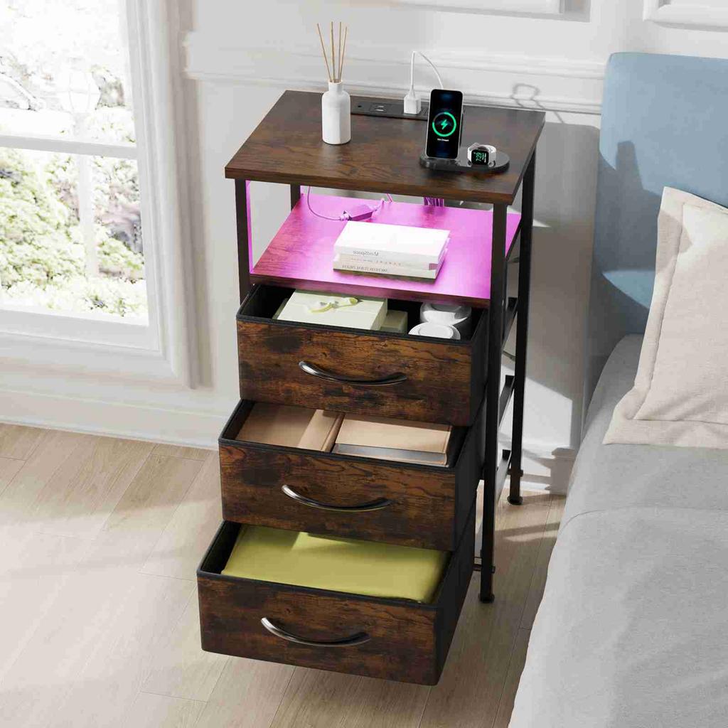 Bedside Table Brown Color Multifunctional Iron and Triamine Plate Nightstand Side Table for Living Room Bedroom