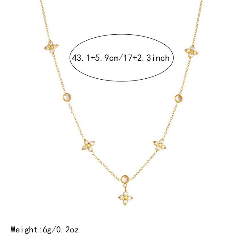 Gold Plated Stainless Steel Four-leaf Flower Crystal Station Necklace for Women