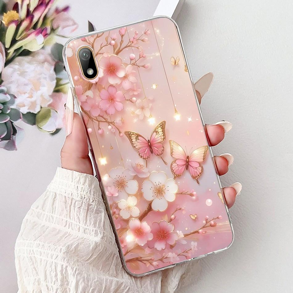 For Huawei Y5 (2019) Phone Case Y5 2019 AMN-LX9 Elegant Floral Cat Painted Soft Silicone Transparent TPU Cases
