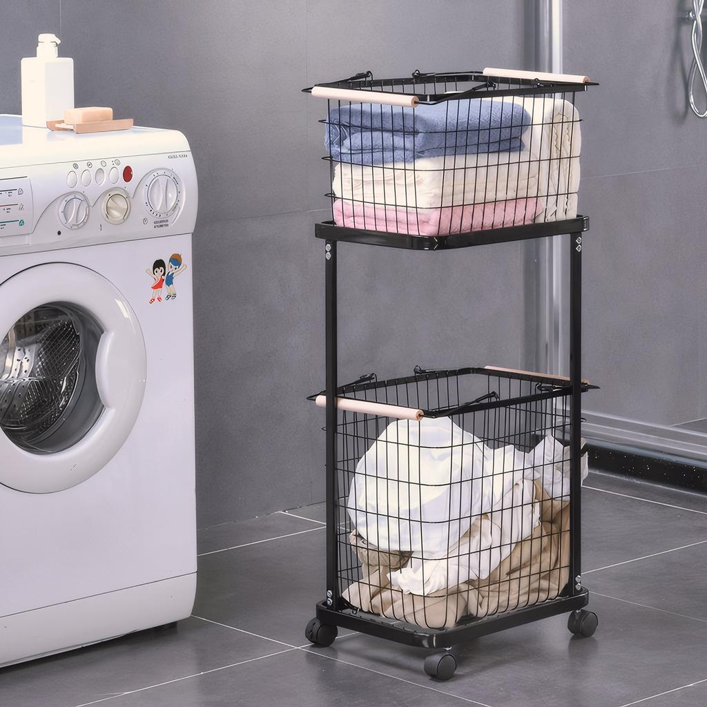 2 Tier Laundry Cart with Wheels Metal Frame 2-Section Storage Basket Bathroom Organizer Cart for Laundry Room Closet Storage