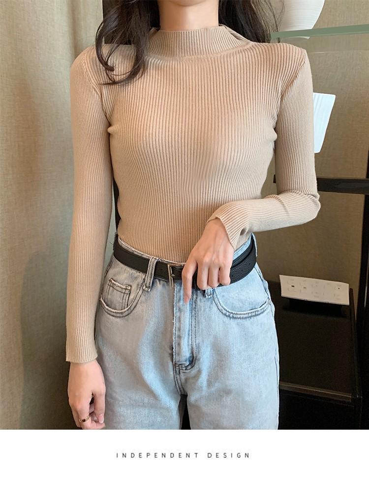 Women's 2026 Autumn Slim Fit Black Knit Long-Sleeve Half-High Neck Sweater