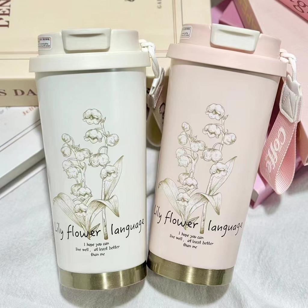 Lily Of The Valley Thermos Cup 316 Stainless Steel Coffee Cup Girls Large Capacity High Value Straw Water Cup