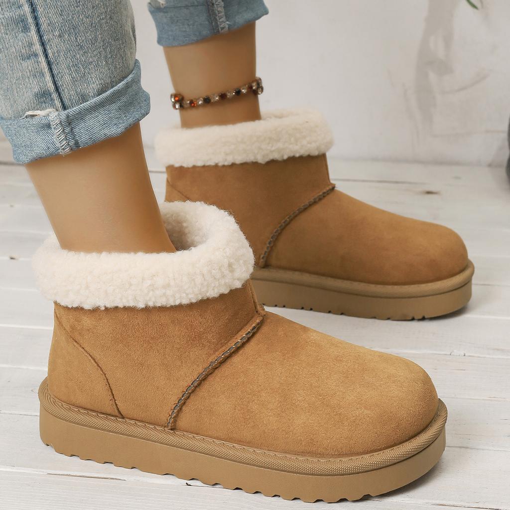 Winter New Round Head Flat with Warm and Comfortable Non-slip Snow Boots Suede Muffin Bottom Short Tube Wool Cotton Boots