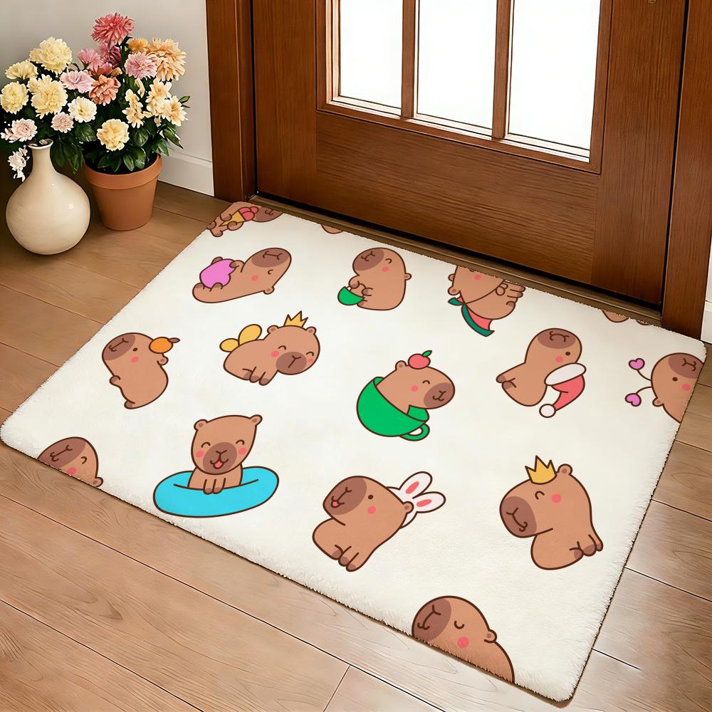 Cute Capybara Pattern Floor Mat Cozy Flannel Soft Thick Non-Slip Mat For Living Room Bedroom Kitchen Decor Rugs