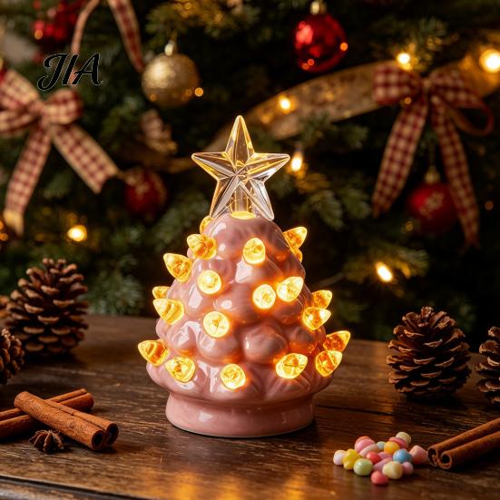 Mini Christmas Tree Decorations Ornament, Glowing Retro Resin Tabletop Decor with Star Charming Home Holiday Displays Topper, Vintage Xmas Trees Night