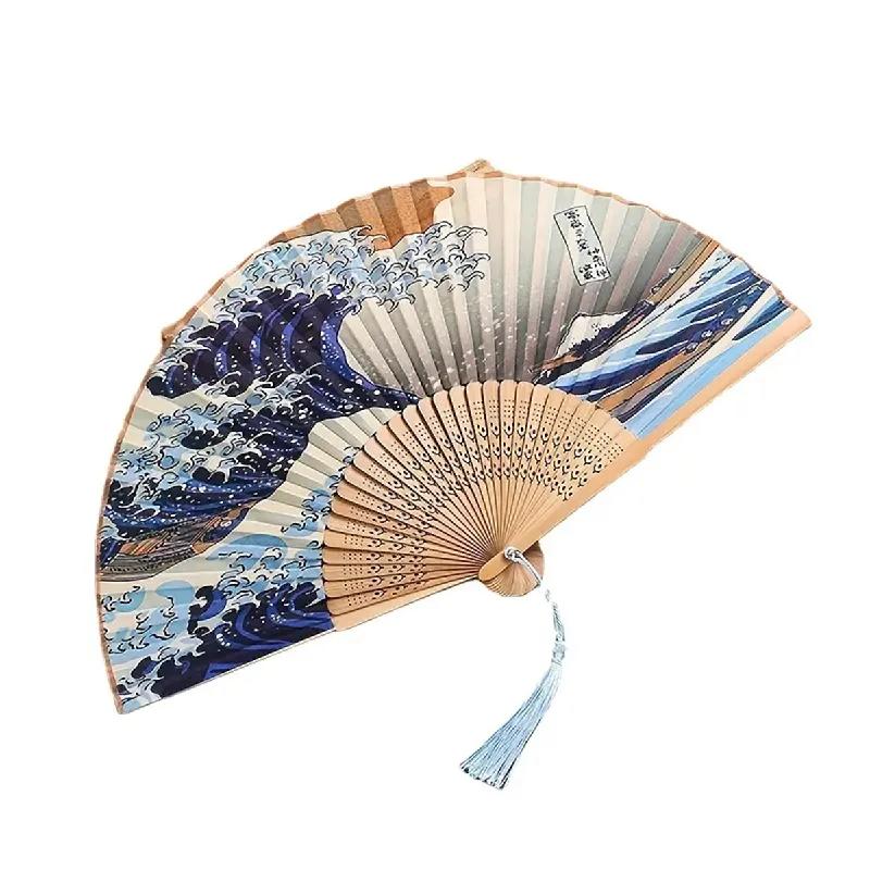 1 Stück, Japanischer Faltfächer Handgefertigt Dekorativ Kanagawa Welle Faltbarer Fächer Handfächer Vintage Handfächer für Frauen Tragbarer Faltf